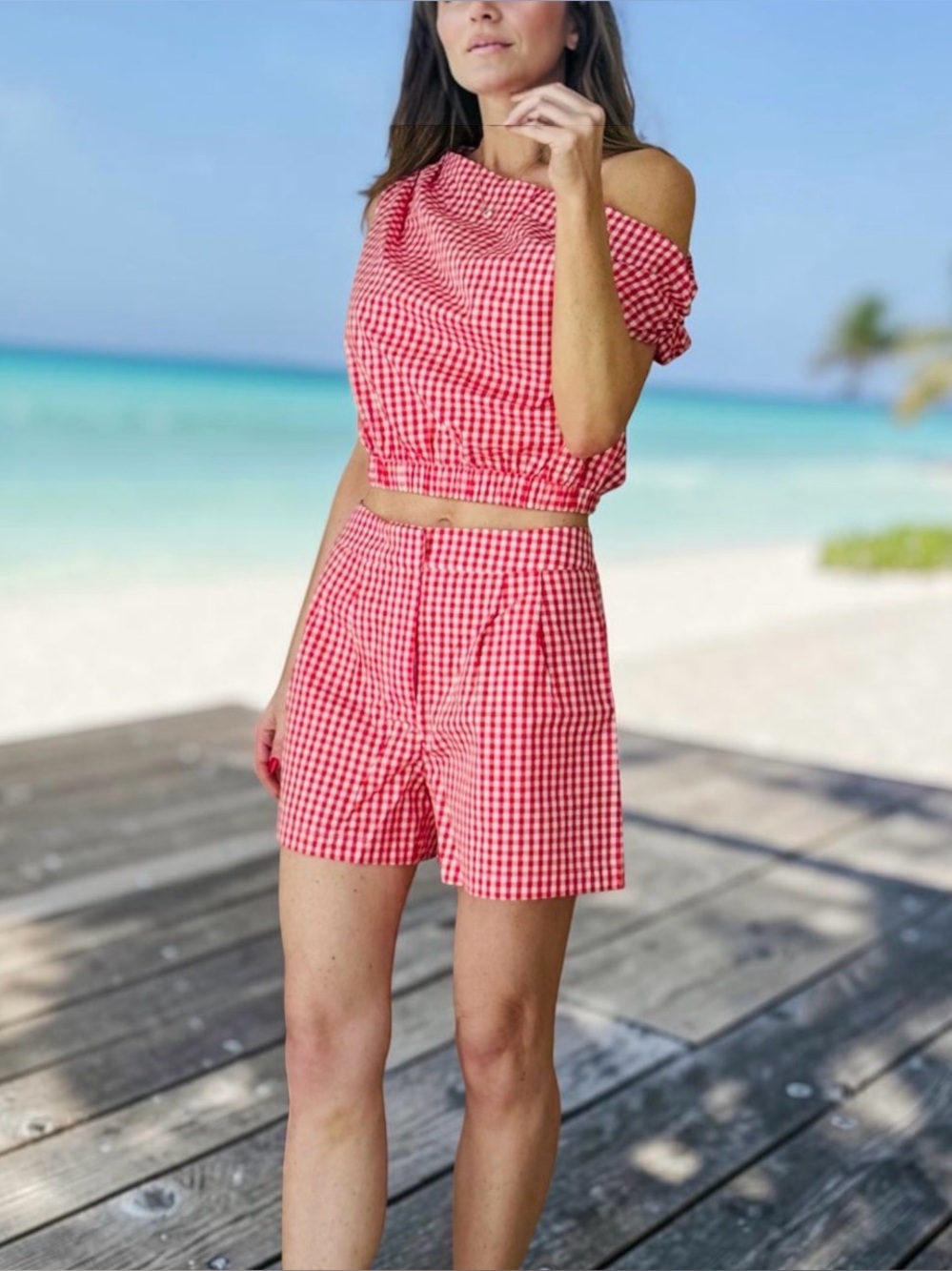 Red high waisted Bermuda short set